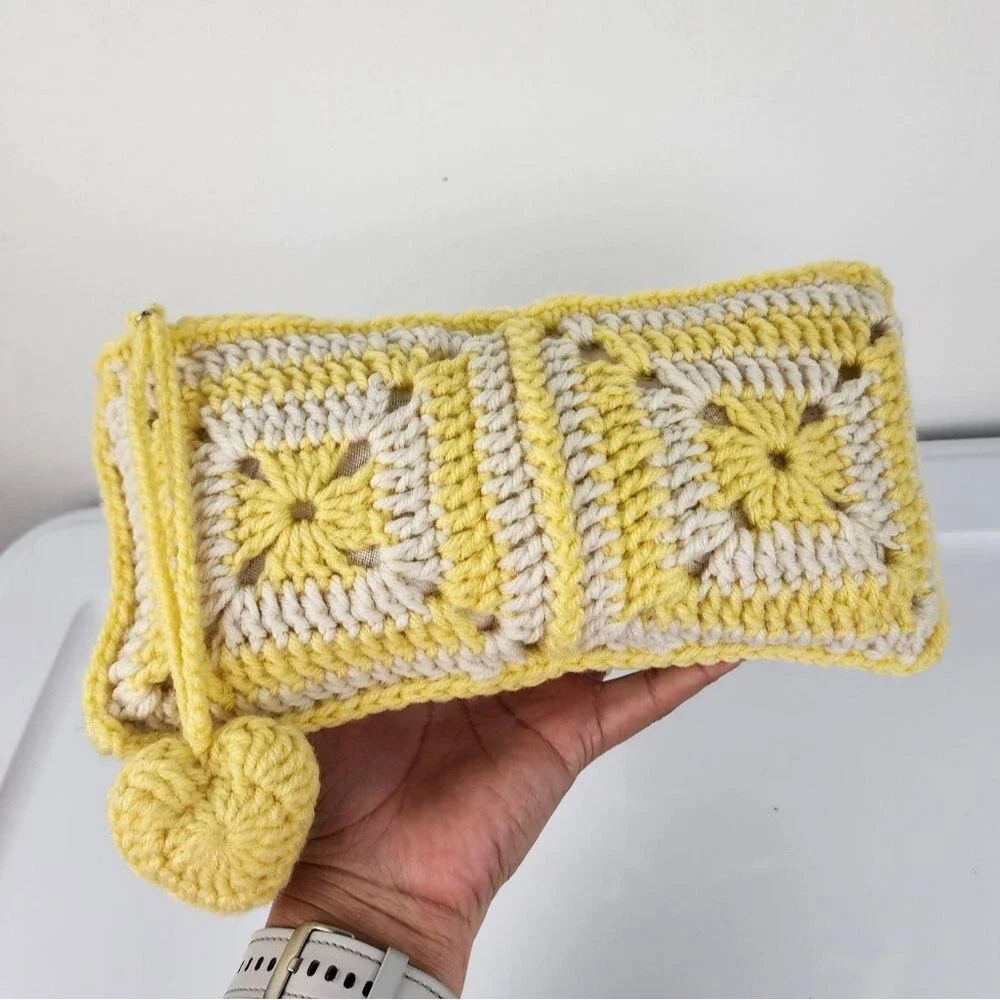 Handmade Crochet Granny Square Clutch Yellow Cream Boho Heart Charm Makeup Pouch - Picture 9 of 15